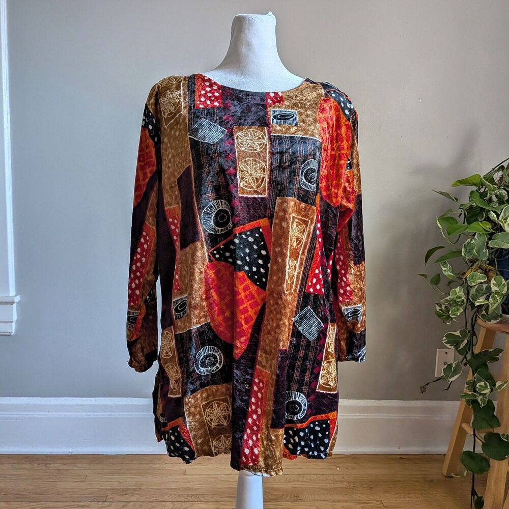 Vintage Senfong Crushed Velvet Top Red Floral Geometric Whimsygoth Size XL